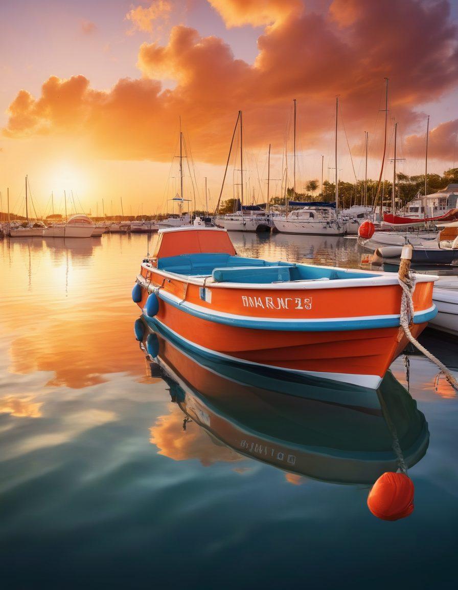 A serene marina scene with a beautifully crafted boat anchored in calm waters, surrounded by symbolic marine insurance icons like shields and lifebuoys. The background showcases a vibrant sunset reflecting off the water, evoking a sense of security and adventure. Include an engaging nautical map overlay subtly in the sky. super-realistic. vibrant colors. peaceful atmosphere.