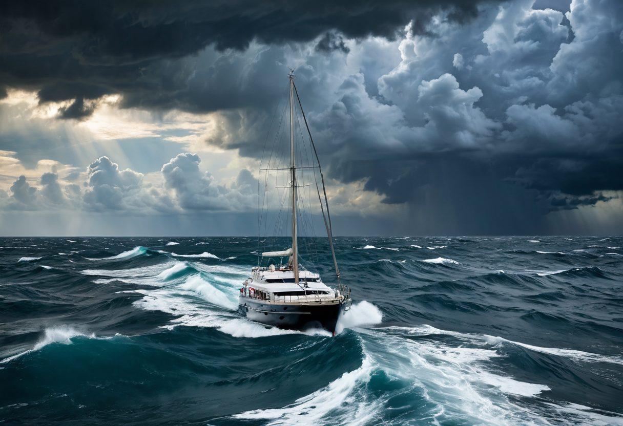 A serene seascape featuring a luxurious yacht navigating through a tumultuous ocean, symbolizing maritime risks. In the foreground, a confident captain is studying navigational charts, while stormy clouds loom in the background, hinting at potential perils. The scene is vibrant, capturing the contrast of calm waters against stormy skies, and includes sleek waves reflecting sunlight. super-realistic. vibrant colors. 3D.