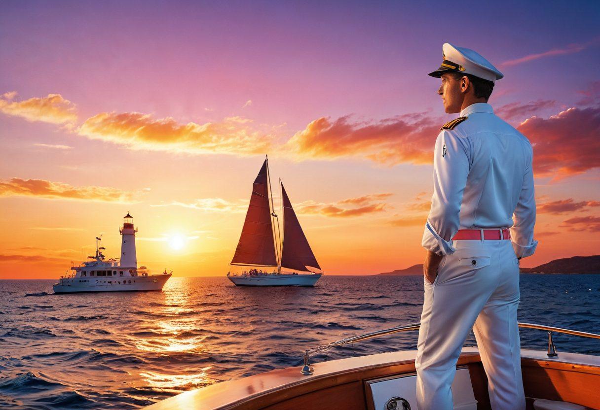 An elegant yacht sailing through sparkling blue waters, with a confident and relaxed patriot standing at the helm, adorned in a stylish captain's hat and clutching a nautical map. In the backdrop, a vibrant sunset casts hues of orange and pink across the sky, symbolizing adventure and freedom. Subtle elements representing insurance, such as shield icons and a lighthouse, gently blend into the scene. super-realistic. vibrant colors. sunset backdrop. nautical theme.